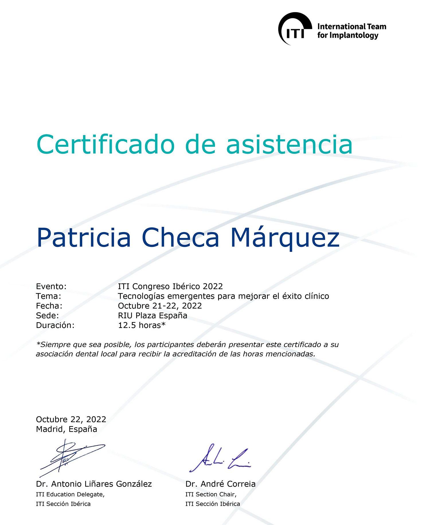 Certificado de asistencia Dra. Patricia Checa Márquez
